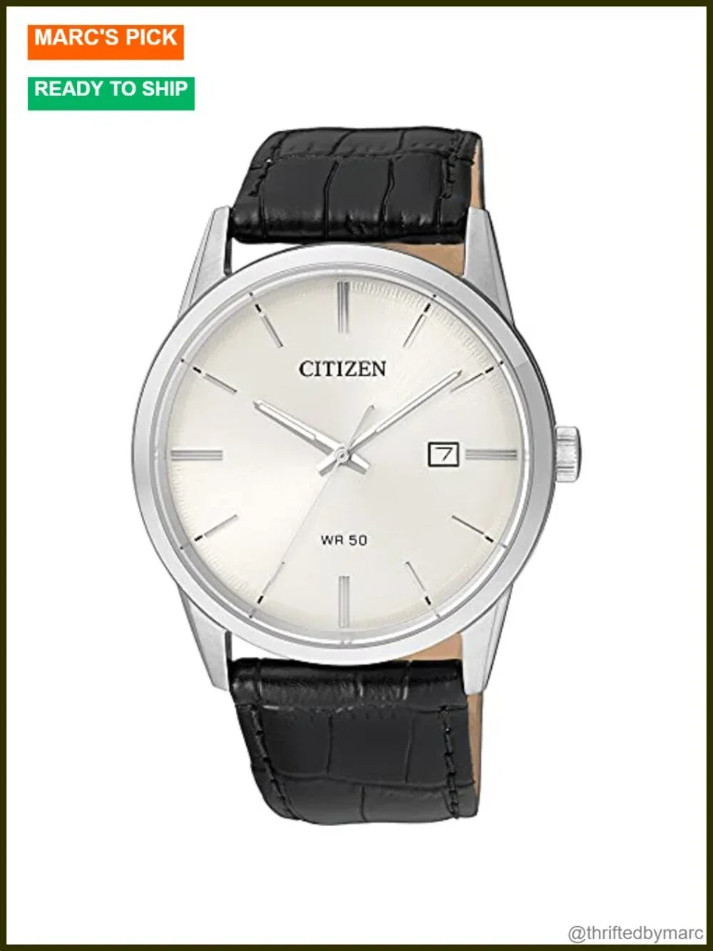 Quartz Wrist Watch, Stainless Steel Case, Leather Strap, Analog Display, Date